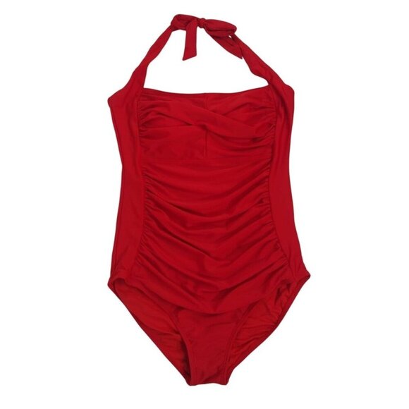 Red Halter One-Piece Swimsuit With Ruched Front & Tie Neck By Smismivo, L NWT - Picture 1 of 6